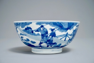 Un bol en porcelaine de Chine bleu et blanc &agrave; d&eacute;cor autour, Kangxi