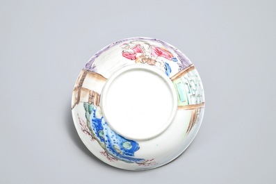 A fine Chinese famille rose cup and saucer with a lady and her dog, Yongzheng