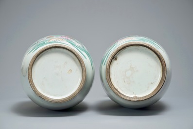A pair of Chinese famille rose two-sided design vases, 19/20th C.