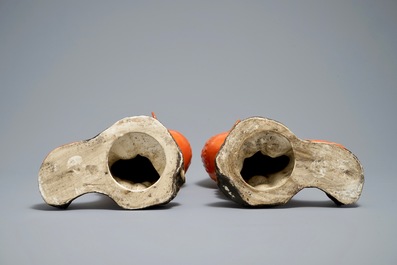 A pair of Chinese coral-ground models of phoenixes, 19/20th C.