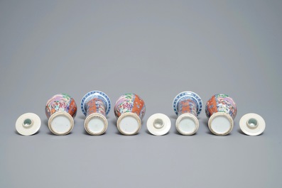 A famille rose-style five-piece garniture with Mandarin design, Samson, Paris, 19th C.