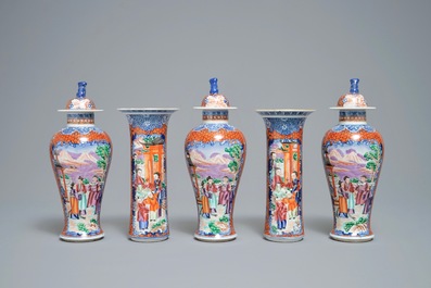 A famille rose-style five-piece garniture with Mandarin design, Samson, Paris, 19th C.