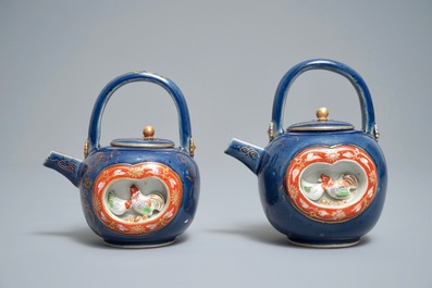 Two Japanese blue-ground Imari teapots with moulded designs of roosters and flowers, Edo, 17/18th C.