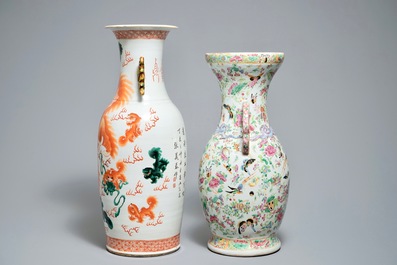 A tall Chinese iron red vase with Buddhist lions and a Canton famille rose vase, 19th C.