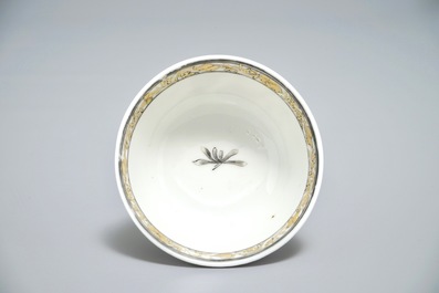 A fine Chinese famille rose cup and saucer with a lady and her dog, Yongzheng