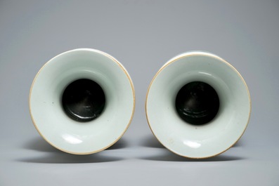 A pair of Chinese famille rose two-sided design vases, 19/20th C.