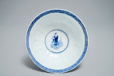A Chinese blue and white moulded bowl with immortals, Chenghua mark, Kangxi