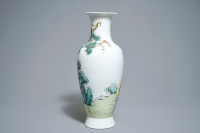 A Chinese famille rose vase with figures in a garden, Hongxian mark, 20th C.