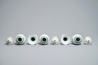 A Chinese famille rose five-piece garniture with birds among blossoms, Yongzheng/Qianlong