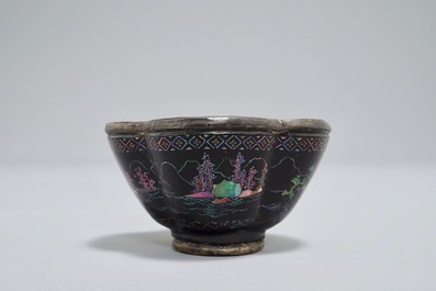 Five Chinese quatrefoil silver and lac burgaute saucers and four cups, 17/18th C.