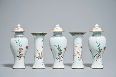 A Chinese famille rose five-piece garniture with birds among blossoms, Yongzheng/Qianlong
