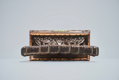 A Chinese spinach jade and hardstone inlaid screen on wooden stand, 20th C.