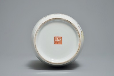 A fine Chinese famille rose rouleau vase with figures, Qianlong mark, Republic 20th C.
