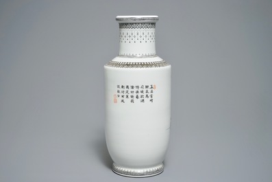 A fine Chinese famille rose rouleau vase with figures, Qianlong mark, Republic 20th C.