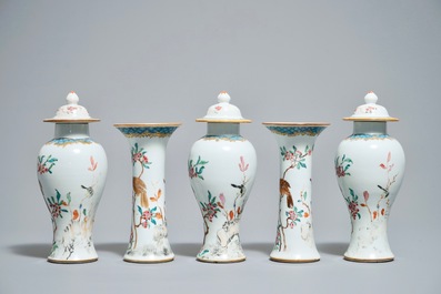 A Chinese famille rose five-piece garniture with birds among blossoms, Yongzheng/Qianlong