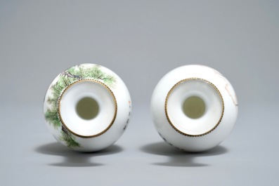 Two Chinese famille rose 'erotic subject' eggshell vases, Qianlong mark, 20th C.