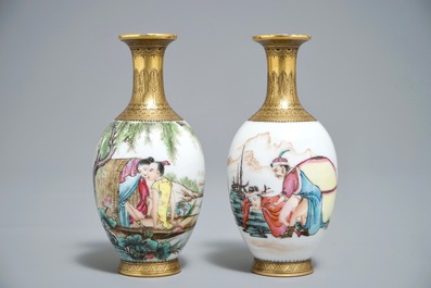Two Chinese famille rose 'erotic subject' eggshell vases, Qianlong mark, 20th C.