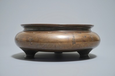 Un grand br&ucirc;le-parfum en bronze incrust&eacute; de divers m&eacute;taux, 18/19&egrave;me