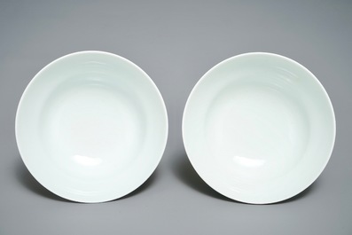 A pair of Chinese famille rose tea bowls with a landscape, Qianlong mark, 20th C.