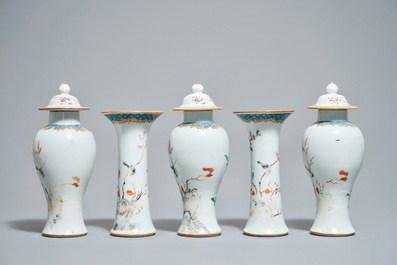 A Chinese famille rose five-piece garniture with birds among blossoms, Yongzheng/Qianlong