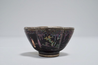 Five Chinese quatrefoil silver and lac burgaute saucers and four cups, 17/18th C.