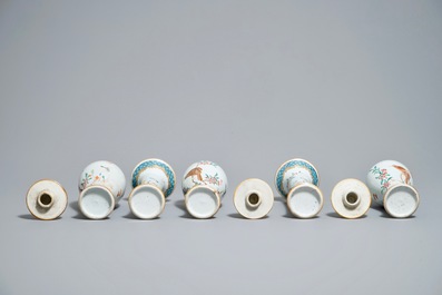 A Chinese famille rose five-piece garniture with birds among blossoms, Yongzheng/Qianlong