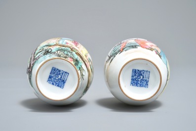 Two Chinese famille rose 'erotic subject' eggshell vases, Qianlong mark, 20th C.