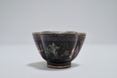 Five Chinese quatrefoil silver and lac burgaute saucers and four cups, 17/18th C.