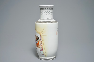 A fine Chinese famille rose rouleau vase with figures, Qianlong mark, Republic 20th C.