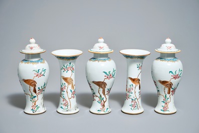 A Chinese famille rose five-piece garniture with birds among blossoms, Yongzheng/Qianlong