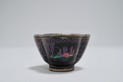 Five Chinese quatrefoil silver and lac burgaute saucers and four cups, 17/18th C.