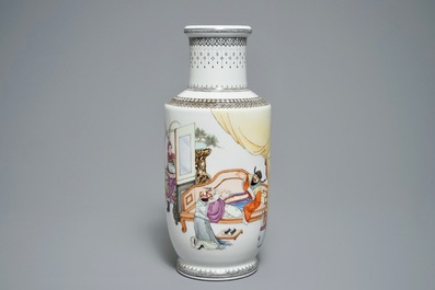 A fine Chinese famille rose rouleau vase with figures, Qianlong mark, Republic 20th C.
