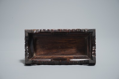 A Chinese spinach jade and hardstone inlaid screen on wooden stand, 20th C.