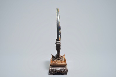 A Chinese spinach jade and hardstone inlaid screen on wooden stand, 20th C.