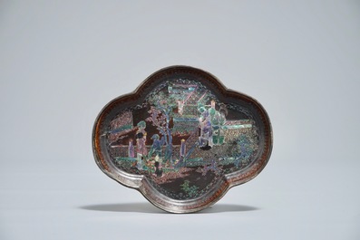 Five Chinese quatrefoil silver and lac burgaute saucers and four cups, 17/18th C.