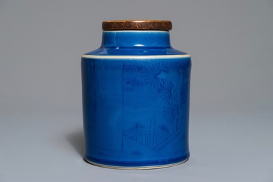 A Chinese monochrome blue tea caddy with underglaze design, Kangxi