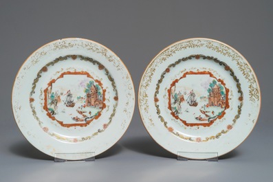 Six Chinese Meissen style plates with a harbour scene, Qianlong