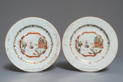 Six Chinese Meissen style plates with a harbour scene, Qianlong