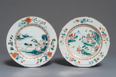 Four Chinese famille rose plates and a charger with landscape designs, Qianlong