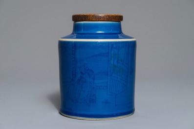 A Chinese monochrome blue tea caddy with underglaze design, Kangxi
