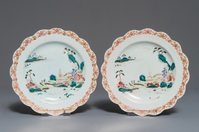 Four Chinese famille rose plates and a charger with landscape designs, Qianlong