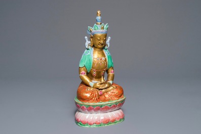 A Chinese parcel-gilt famille rose model of Buddha, 19th C.
