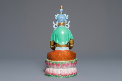 A Chinese parcel-gilt famille rose model of Buddha, 19th C.