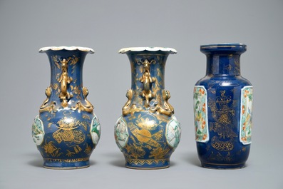 Three Chinese famille verte on gilt blue-ground vases, 19th C.