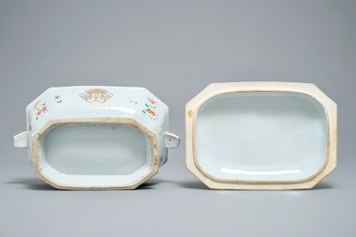 A Chinese monogrammed famille rose tureen and cover on stand, Qianlong