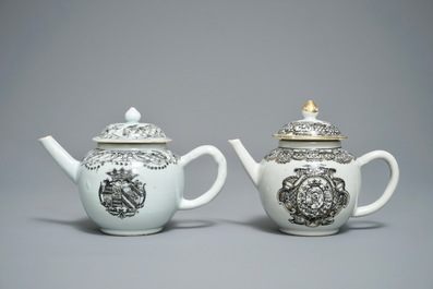 Two Chinese armorial grisaille and gilt teapots, Qianlong