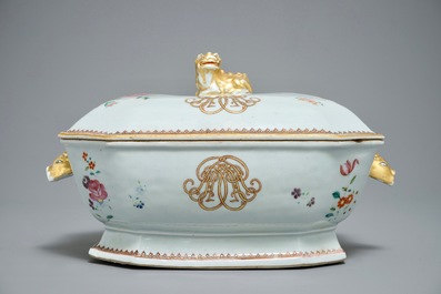 A Chinese monogrammed famille rose tureen and cover on stand, Qianlong