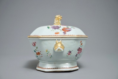 A Chinese monogrammed famille rose tureen and cover on stand, Qianlong