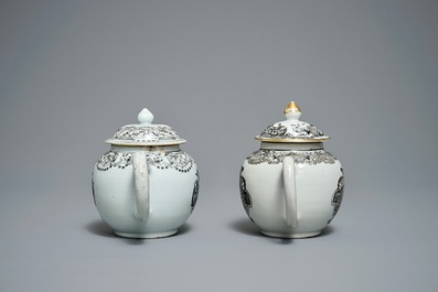 Two Chinese armorial grisaille and gilt teapots, Qianlong