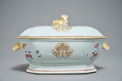 A Chinese monogrammed famille rose tureen and cover on stand, Qianlong